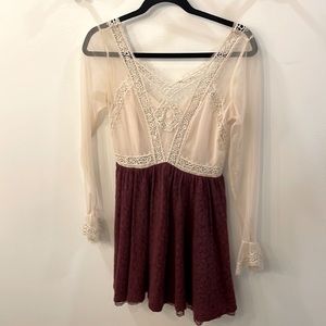 Free People Maroon and lace flare minidress, size 2
